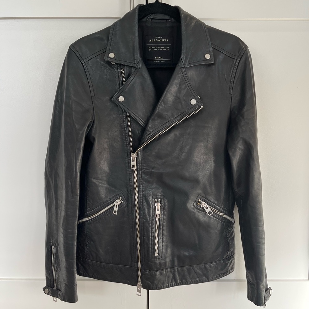 ALLSAINTS Leather Biker Jacket. 5 Pockets (2 inner breast pockets. Size Small.
